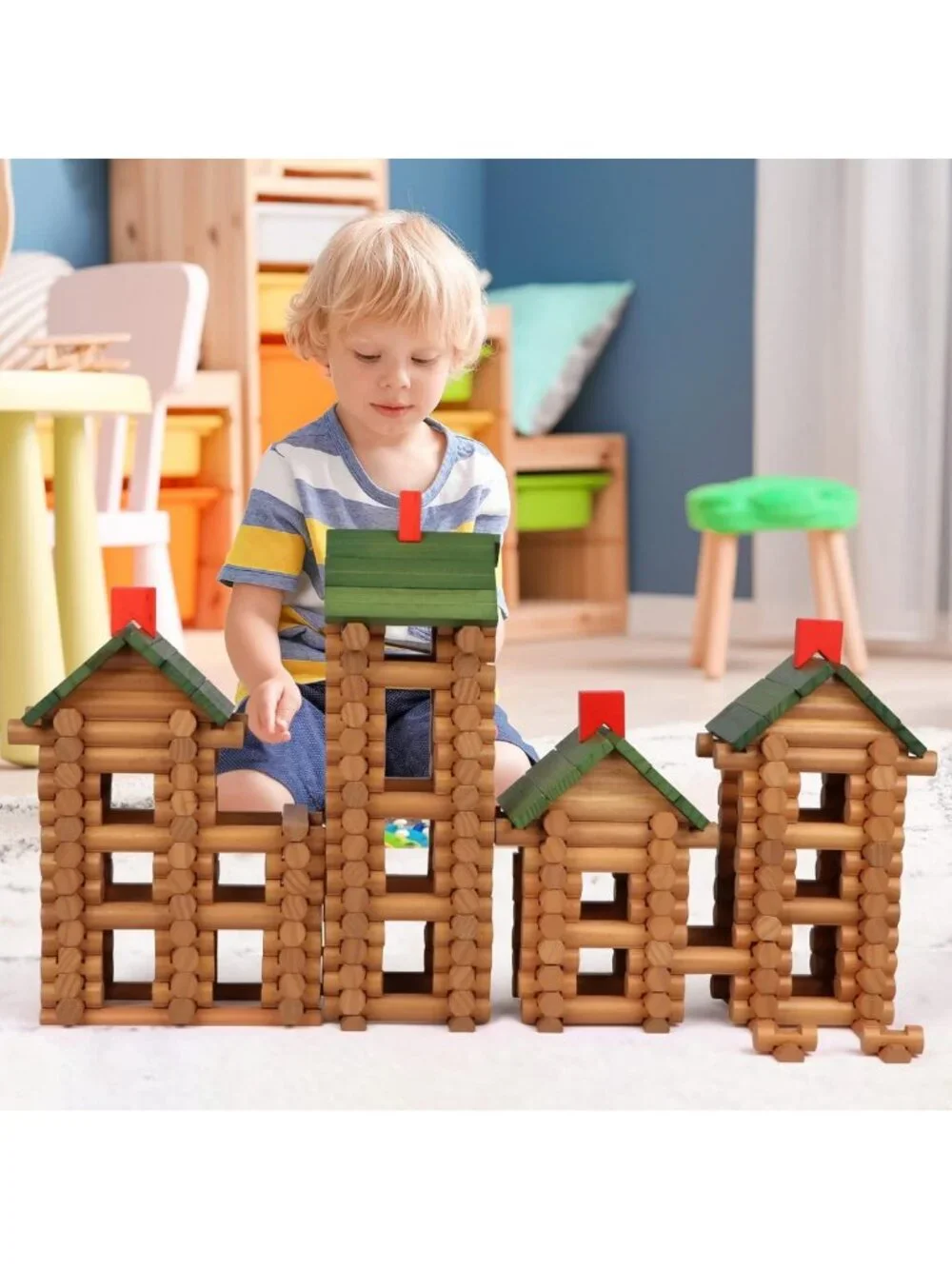 530 Pcs Wooden Building Logs Set for Kids 3+, Creative Construction Toys